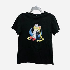 Sailor Moon & Friends Anime Graphic Hug Black T-Shirt